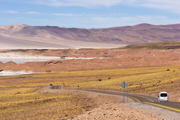 caminos solitarios en el altiplano, cordillera de los Andes, desierto de Atacama, Chile