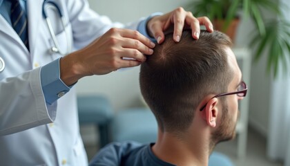 Doctor examines patient scalp for hair loss treatment. Pro medical examination in clinic. Male patient in medical clinic during examination. Physician checks scalp for potential hair loss issues.
