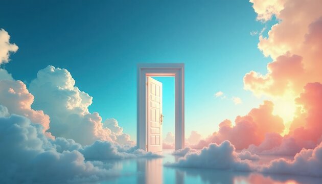 Surreal scene shows open door floating in vibrant sky with colorful clouds. Represents new opportunities, fresh beginnings. Floating gateway leads to fresh start. Image evokes feelings of