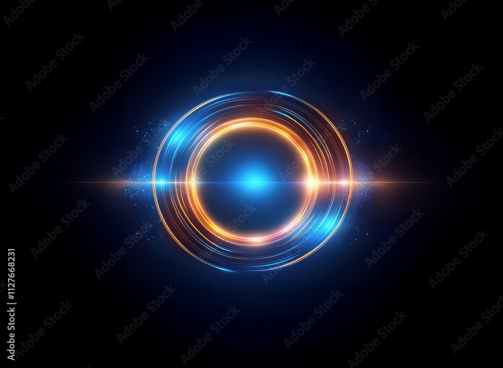 Poster glowing concentric circles of blue and orange light radiate energy against a dark background, creati