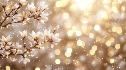 Fototapeta premium Winter Magnolia Blossoms with Golden Lights and Snow