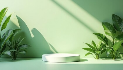 Green plants surround a round podium in sunlight. Minimalist scene with copy space. Suitable for wallpaper banner or print. Eco friendly style. Natural product display.