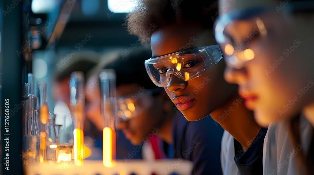 Poster focused students in a science lab conducting experiments.