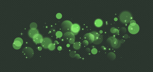 Green bokeh with stars and sparkles, shiny overlay decoration isolated on grey background. Vector illustration.