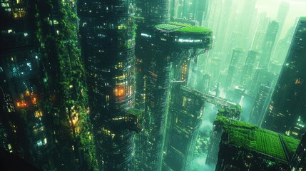 Futuristic city overgrown with vegetation, aerial view.