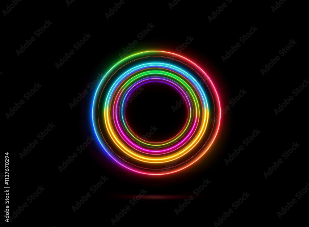 Poster vibrant concentric neon circles glow in the dark, creating a mesmerizing, colorful aura. the rings c