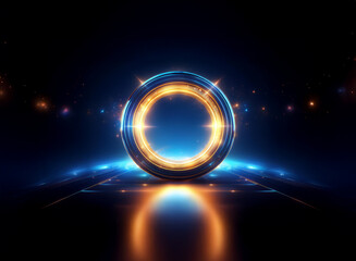 Glowing circular portal with blue and orange energy, reflecting on a dark, futuristic surface.  Sparks and light trails surround it.