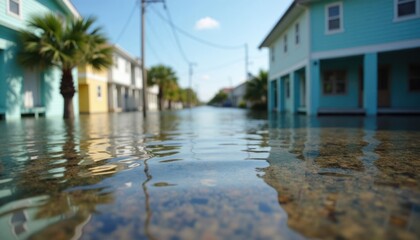Obraz premium Flooded street in coastal town. Houses stand amidst floodwaters. Calm water reflects surrounding buildings. Damage from hurricane evident. Disaster scene resilience. Community faces recovery.