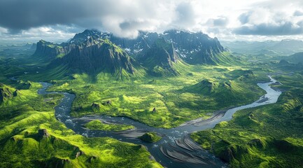 Lush green valley with winding river and majestic mountains under cloudy sky.