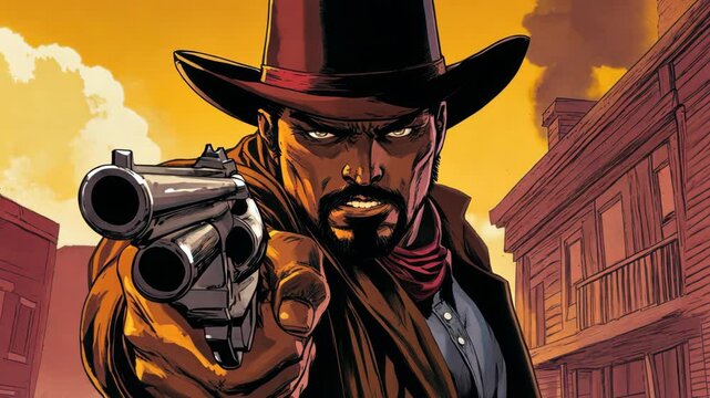 Cowboy aiming dual guns in a classic western town setting