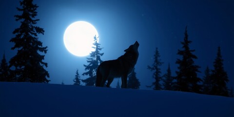 Obraz premium Eerie Night Scene of a Howling Wolf Against a Full Moon in a Snowy Forest