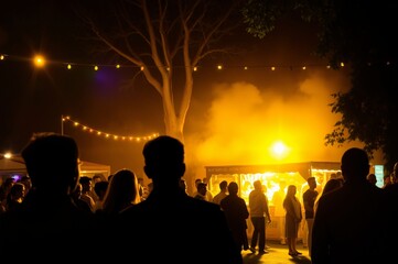 Nighttime Outdoor Festival with Illuminated Stalls and Fog Effects