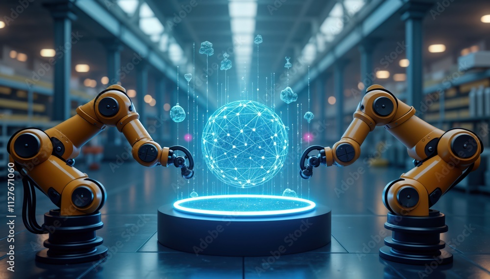 Poster Robotic arms in futuristic factory environment construct virtual neural network on podium. AI tech integrated into industrial 4. 0 manufacturing processes creating digital structure. Scene