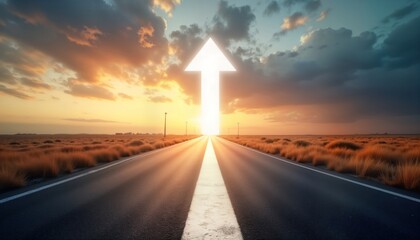 Asphalt road extends into luminous sky arrow. Sunrise sunset illuminates empty road. Empty landscape suggests journey of self discovery. Forward direction concept clear. Image abstract. Path to