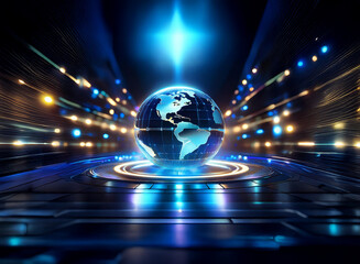 A translucent globe hovers on a futuristic platform, surrounded by streaks of light suggesting rapid data transfer and global connectivity.  A bright beam shines from above.