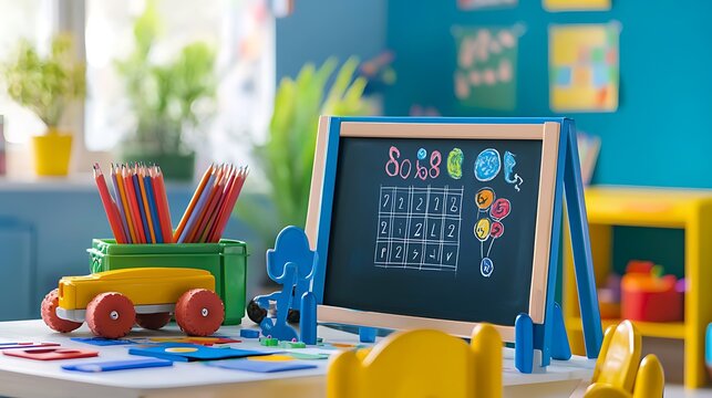 Colorful preschool classroom with learning materials.