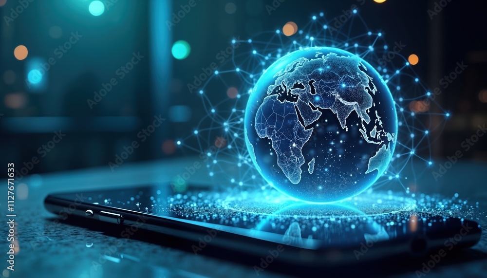 Aufkleber Holographic earth globe displayed on smartphone. Global wireless satellite internet communications visualized. Futuristic tech image with mobile phone, showing global network connection. Modern