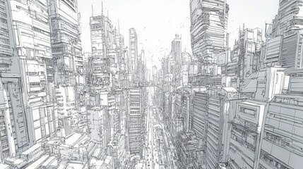 Sketch of futuristic, dense city skyline.