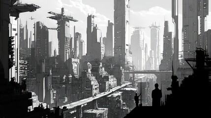 Futuristic cityscape, two figures observe.