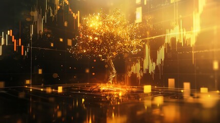 Obraz premium Golden tree growing amidst financial charts.