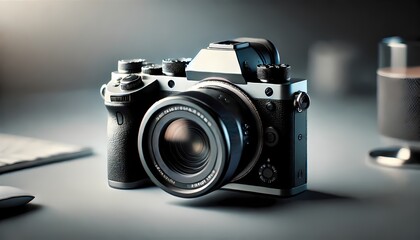 A professional mirrorless digital camera with a large viewfinder and multiple dials, positioned on a minimalist desk with a soft-focus background