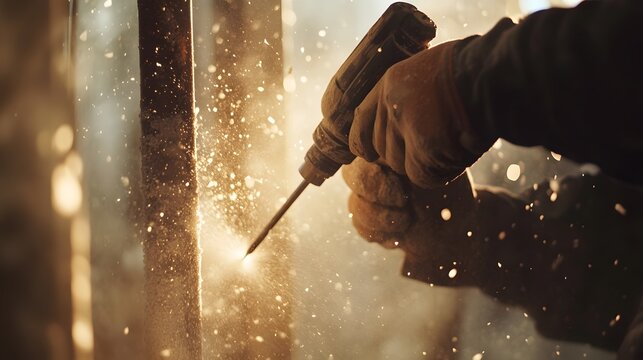 Construction worker drilling through wall with sparks flying in golden sunlight-filled workspace