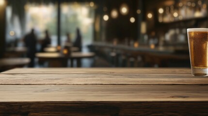 Wooden table top in restaurant. Blurry background shows festive interior with people. Empty space for mockup product on restaurant table. Night atmosphere. Modern eatery with warm lighting. Relaxed