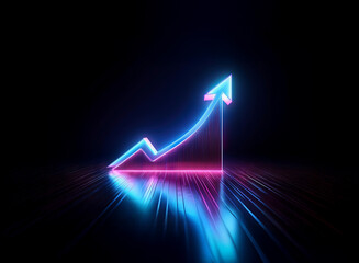 Glowing neon arrow ascends in dark, reflecting on glossy surface.  Symbolizes growth, progress, and upward trend.
