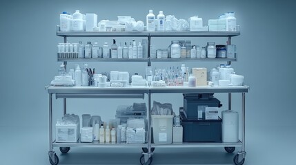 A medical cart filled with various supplies and equipment for healthcare use.