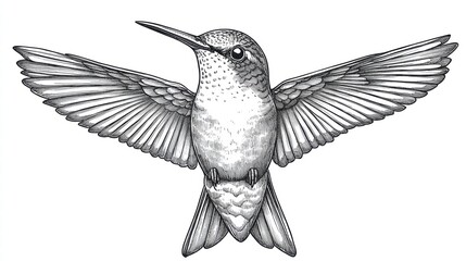 Obraz premium Hummingbird in Flight, Detailed Ink Drawing