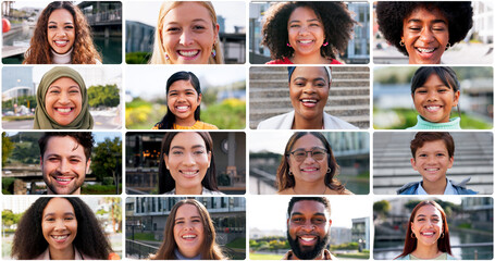 City, people and proud in collage on portrait with confidence for diversity, community and...