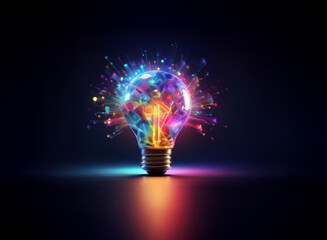 A vibrant lightbulb explodes with colorful energy, symbolizing innovation and creative brilliance against a dark background.  The light reflects on the surface below.