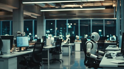 Robots at desks symbolize automated customer support in digital transformation.