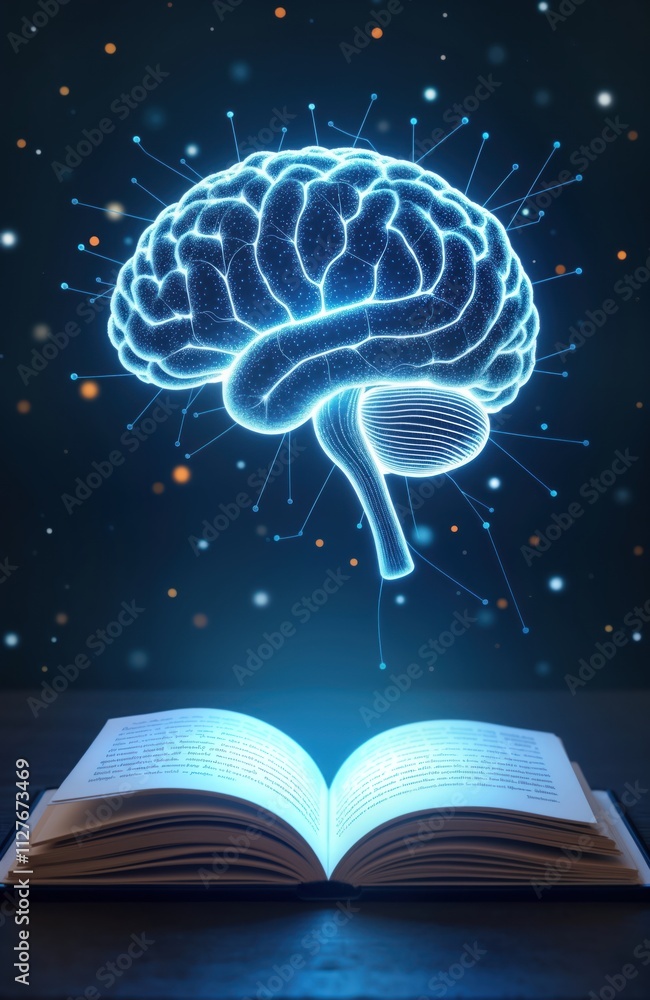 Poster Futuristic illustration shows glowing brain hovering above open book. Modern technology concept of artificial intelligence, machine learning. Image highlights possible future knowledge, intellect