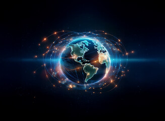 A glowing digital Earth encircled by interconnected nodes and streams of light, symbolizing global connectivity and network technology.