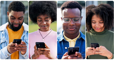 Collage, phone and contact with people in city for social media, networking post and happy....