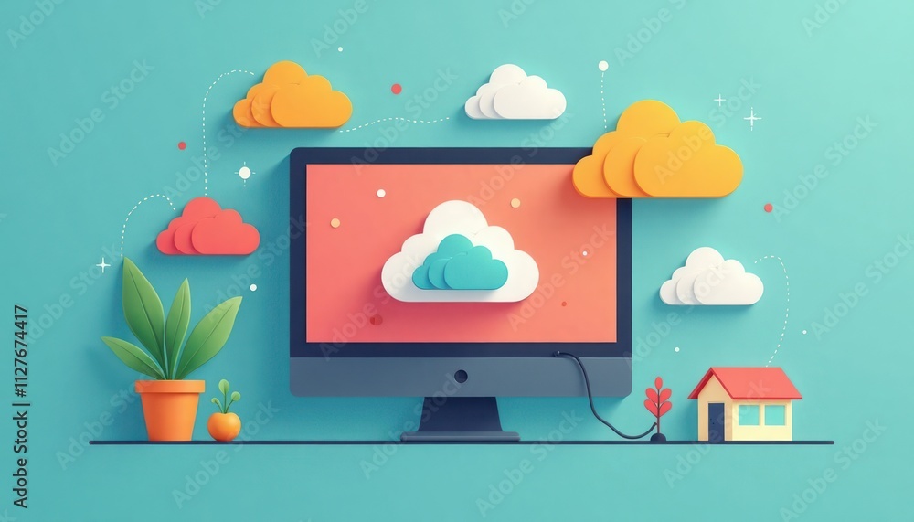Poster flat design illustration shows cloud application deployment process. computer screen displays cloud 