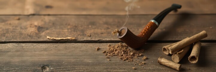 A smoking pipe filled with tobacco on a rustic wooden table, relaxation