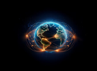 A glowing digital Earth, encircled by vibrant energy streams, symbolizes global connectivity and digital networking.  The image showcases intricate connections spanning continents.
