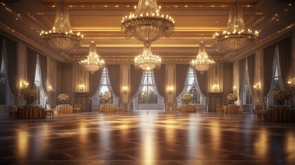 Fototapeta premium Grand ballroom, chandeliers, elegant decor, soft lighting.