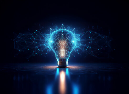 A glowing lightbulb, rendered in a futuristic, digital style,  emits a network of interconnected nodes, symbolizing innovation and new ideas.