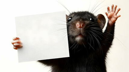Cute Rat Holds Blank Sign, Waves Hello Enthusiastically