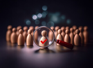 A magnifying glass focuses on a single wooden figure marked with a checkmark, signifying selection from a group of similar figures.  The scene suggests recruitment, assessment, or choosing the best ca