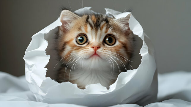 Kitten Peeking Through Torn Paper: Adorable Surprise!