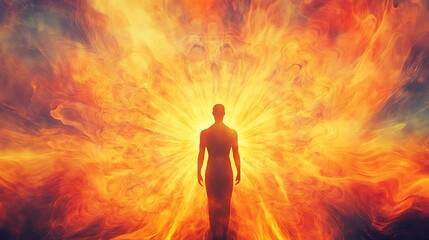 Silhouette of a person standing before a fiery, swirling energy burst.