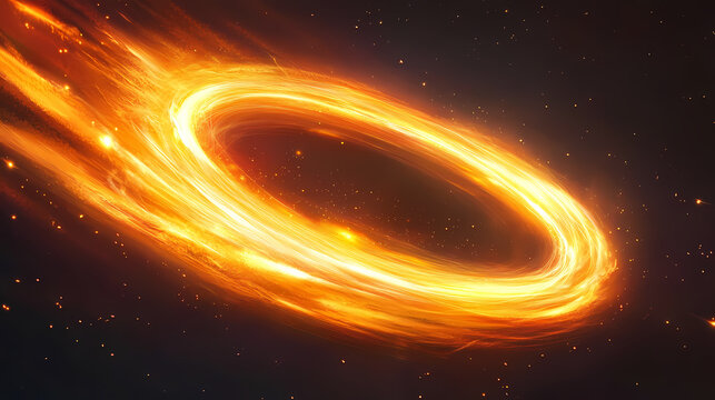 Shining lights in motion with small particles: ring of fire, plasma ring on a dark background. eon stripes in drill form, twisting and swirling. Eon. Illustration