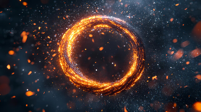 Shining lights in motion with small particles: ring of fire, plasma ring on a dark background. eon stripes in drill form, twisting and swirling. Eon. Illustration