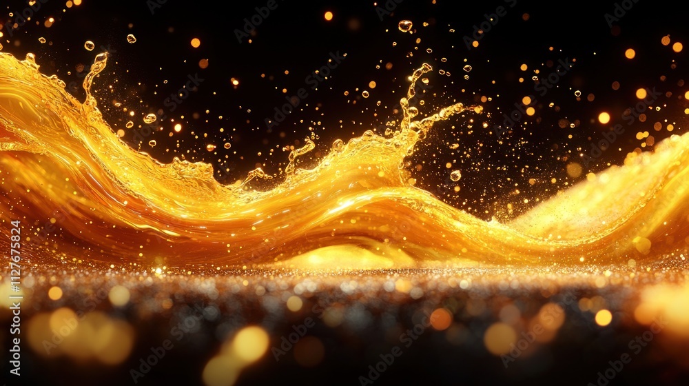 Poster golden liquid wave splashing on dark background with sparkles.
