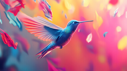 Fototapeta premium Vibrant colorful hummingbird in motion with an abstract background, capturing the beauty of nature and the elegance of bird flight. Eon. Illustration