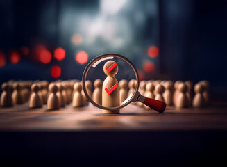 A magnifying glass focuses on a wooden figure, marked with a check, amidst a crowd of similar figures.  This symbolizes selection, assessment, and the search for the ideal candidate.